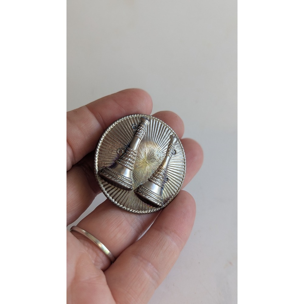 Vintage Fire Department Dress Hat Badge Two Bugles Silver Tone 1.5" Medallion